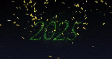 2025 'in yeşille çizilmiş animasyonu yeşil yeni yıl havai fişekleri ve gece gökyüzünde altın konfetisi. Yeni yıl, kutlama, parti ve gelenek konsepti dijital olarak oluşturuldu.