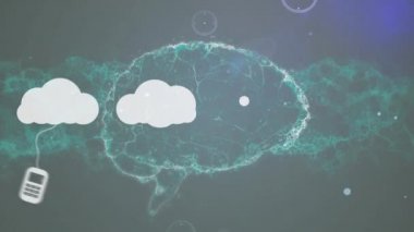 Elektronik cihazlar ve bağlantı ağlarıyla insan beyninin dijital bulutlar üzerindeki animasyonu. küresel bağlantılar, ağ oluşturma ve veri işleme kavramı dijital olarak oluşturulmuş video.