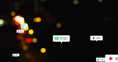 Odak trafik ışıklarından sosyal medya simgelerinin ve numaraların animasyonu. küresel sosyal medya, bağlantılar ve dijital arayüz konsepti dijital olarak oluşturulmuş video.