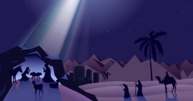 Geceleri noel doğum sahnesinin animasyonu. Noel, gelenek ve kutlama konsepti dijital olarak oluşturuldu.