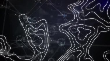 Hareket eden beyaz harita çizgilerinin animasyonu, ekranda veri işlemesi ve bağlantı ağı. küresel bağlantılar ve ağlar konsepti dijital olarak oluşturulmuş video.