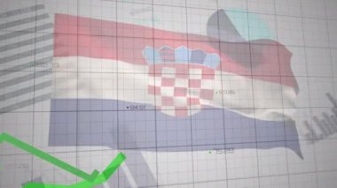 Gri arkaplanda Hırvat bayrağı üzerinde grafik ve veri işleme animasyonları. Hırvat ekonomisi ve iş konsepti dijital olarak üretilen video.