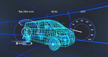 Araç arayüzündeki hız göstergesi, GPS ve durum verilerinin animasyonu, 3d 'den fazla minibüs modeli. Ulaşım ve teknoloji, mühendislik tasarımı ve dijital arayüz konsepti dijital olarak oluşturulmuş video.