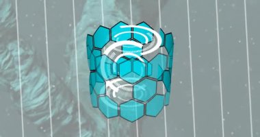 Çizgilerin üzerinde dönen beyaz dairelerin ve DNA iplikçiklerinin animasyonu. küresel bilim, araştırma, veri işleme ve dijital arayüz kavramı dijital olarak oluşturulmuş video.