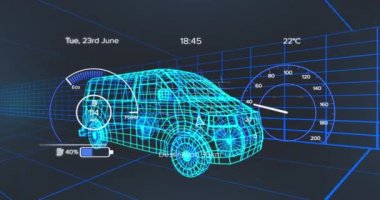 Araç arayüzündeki hız göstergesi, GPS ve durum verilerinin animasyonu, 3d 'den fazla minibüs modeli. Ulaşım ve teknoloji, mühendislik tasarımı ve dijital arayüz konsepti dijital olarak oluşturulmuş video.