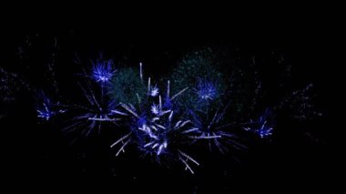 Mavi ve beyaz yeni yıl havai fişekleri ile gökyüzünde patlayan 2023 yılının animasyonu. Noel, yeni yıl, kutlama, parti ve geleneksel konsept dijital olarak oluşturulmuş video.