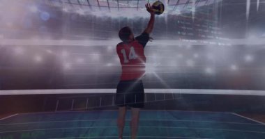 Spor stadyumundaki erkek voleybol oyuncusu üzerinde grafik ve veri işleme animasyonları. spor, rekabet, küresel iletişim ve dijital arayüz kavramı, dijital olarak oluşturulmuş video.