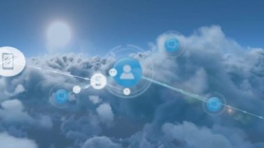 Bulutların üzerindeki dijital simgelerle bağlantı ağının animasyonu. küresel bağlantılar ve ağ konsepti dijital olarak oluşturulmuş video.
