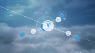 Bulutların üzerindeki dijital simgelerle bağlantı ağının animasyonu. küresel bağlantılar ve ağ konsepti dijital olarak oluşturulmuş video.