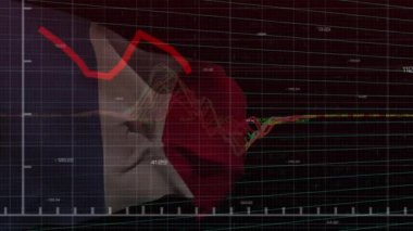 Siyah arka planda Fransa bayrağı üzerinde grafik ve veri işleme animasyonları. Fransız ekonomisi ve iş konsepti dijital olarak oluşturulmuş video.