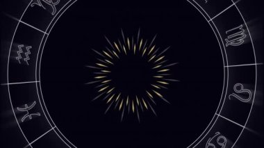 Kara zemine düşen karın üzerinde dönen altın ışınlar ve zodyak çarklarının animasyonu. Astroloji ve yıldız işaretleri konsepti dijital olarak oluşturulmuş video.