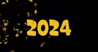 2024 altınla yazılmış animasyon, gece gökyüzünde süzülen yeni yıl yıldızlarıyla birlikte patlıyor. Yeni yıl, kutlama, parti ve gelenek konsepti dijital olarak oluşturuldu.