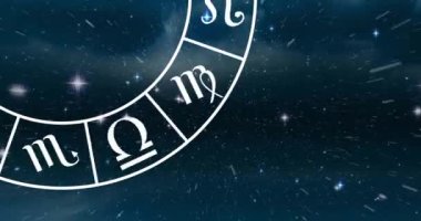 Işık noktasının dijital animasyonu ve uzaydaki burçların spiral sembolleri. burç ve astroloji kavramı