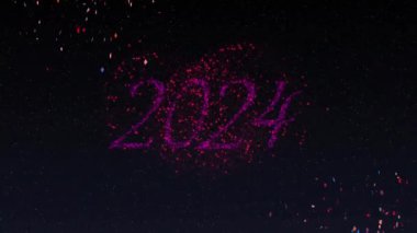2024 yılının pembe ve yeni yıl havai fişekleriyle gece gökyüzünde patlayan animasyonu. Noel, yeni yıl, kutlama, parti ve geleneksel konsept dijital olarak oluşturulmuş video.
