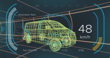 Melez minibüs arayüzü üzerindeki hız göstergesi, GPS ve durum verilerinin animasyonu, 3d 'den fazla van modeli. Ulaşım ve teknoloji, mühendislik tasarımı ve dijital arayüz konsepti dijital olarak oluşturulmuş video.