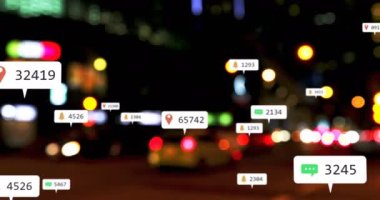 Odak trafik ışığı dışında sosyal medya simgelerinin ve numaraların animasyonu. küresel sosyal medya, bağlantılar ve dijital arayüz konsepti dijital olarak oluşturulmuş video.