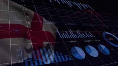 Siyah arka planda İngiltere bayrağı üzerinde grafik ve veri işleme animasyonları. İngiliz ekonomisi ve iş konsepti dijital olarak oluşturulmuş video.