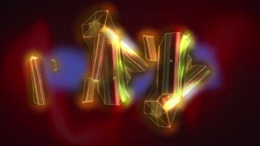 Koyu kırmızı zemin üzerinde yüzen parlak altın metalik çubuk kümesinin animasyonu. enerji, iletişim ve veri aktarım konsepti dijital olarak oluşturulmuş video.