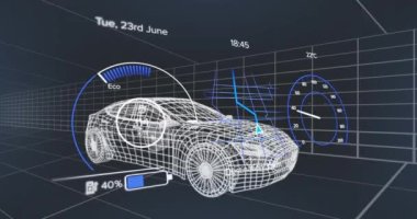 Araç arayüzündeki hız göstergesinin, GPS 'in ve durum verilerinin animasyonu, 3D' den fazla araba modeli. Ulaşım ve teknoloji, mühendislik tasarımı ve dijital arayüz konsepti dijital olarak oluşturulmuş video.