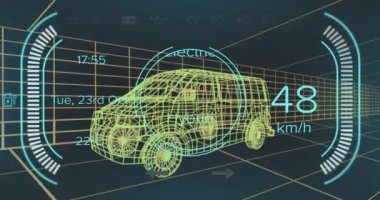 Melez araç arayüzündeki hız göstergesi ve güç durum verilerinin animasyonu, 3d 'den fazla minibüs modeli. Ulaşım ve teknoloji, mühendislik tasarımı ve dijital arayüz konsepti dijital olarak oluşturulmuş video.