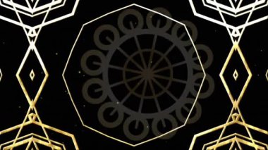 Altın kaleydoskopik şekillerin animasyonu ve yağan karla siyah üzerine hareket eden daire tasarımı. Noel, yeni yıl kutlaması, parti ve olay konsepti dijital olarak oluşturulmuş video.