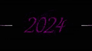 2024 yılının pembe renkli animasyonu ve gece gökyüzünde patlayan pembe yeni yıl havai fişekleri. Yeni yıl, kutlama, parti ve gelenek konsepti dijital olarak oluşturuldu.