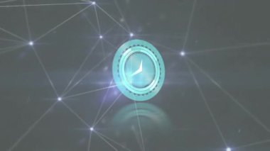 Saatin animasyonu bağlantılar ağının üzerinden hızla geçiyor. küresel bağlantılar, ağ oluşturma ve veri işleme kavramı dijital olarak oluşturulmuş video.
