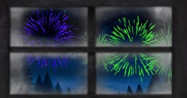 Renkli Noel ve yeni yıl havai fişekleriyle dolu bir pencere animasyonu. Noel, yeni yıl, kutlama, parti ve geleneksel konsept dijital olarak oluşturulmuş video.