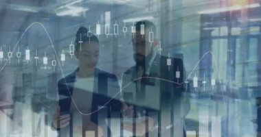 İş adamlarının istatistiksel işlemlerinin animasyonu. küresel iş, veri işleme ve dijital arayüz kavramı dijital olarak oluşturulmuş video.