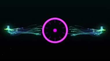 Siyah arkaplanda yeşil elektrik akımları üzerinde çalışan pembe tarayıcının animasyonu. enerji, iletişim ve veri aktarım konsepti dijital olarak oluşturulmuş video.