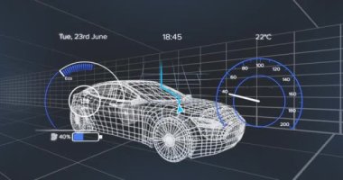 Araç arayüzündeki hız göstergesinin, GPS 'in ve durum verilerinin animasyonu, 3D' den fazla araba modeli. Ulaşım ve teknoloji, mühendislik tasarımı ve dijital arayüz konsepti dijital olarak oluşturulmuş video.