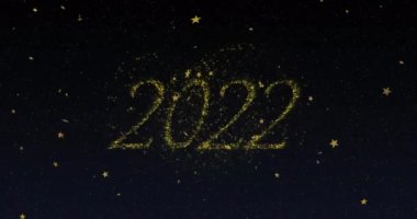 Yeni yıl havai fişekleri ve gece gökyüzünde altın yıldızlarla 2022 'nin animasyonu. Yeni yıl, kutlama, parti ve gelenek konsepti dijital olarak oluşturuldu.