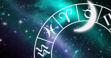 Ayın dijital animasyonu ve uzaydaki burçların spiral sembolleri. burç ve astroloji kavramı