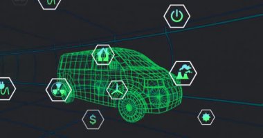 Siyah zemin üzerinde hareket eden 3d minibüs modeli üzerinde simge işleme durum verilerinin canlandırılması. Ulaşım ve yakıt teknolojisi, mühendislik tasarımı ve dijital arayüz konsepti dijital olarak oluşturulmuş video.