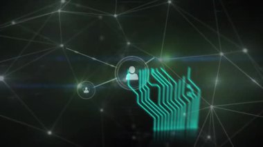 Bilgisayar devre kartının animasyonu ve insan simgeleriyle bağlantı ağı. küresel bağlantılar ve ağlar konsepti dijital olarak oluşturulmuş video.