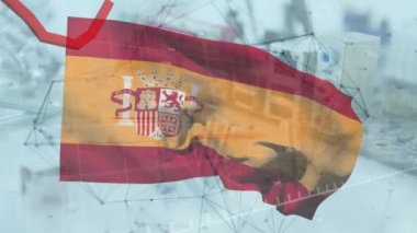 Siyah arka planda İspanya bayrağı üzerinde grafik ve veri işleme animasyonları. İspanyol ekonomisi ve iş konsepti dijital olarak oluşturulmuş video.