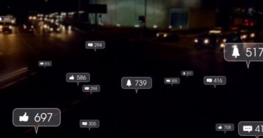 Odak trafik ışıklarından sosyal medya simgelerinin ve numaraların animasyonu. küresel sosyal medya, bağlantılar ve dijital arayüz konsepti dijital olarak oluşturulmuş video.