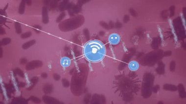 Dijital ikonlar ve DNA iplikçikleriyle bağlantıların animasyonu. covid 19 salgını sırasında dijital olarak üretilen video konsepti sırasında küresel bağlantılar ve ağlar.