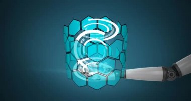 Robotun kolunda dönen dairelerin ve DNA iplikçiklerinin animasyonu. küresel bilim, araştırma, veri işleme ve dijital arayüz kavramı dijital olarak oluşturulmuş video.