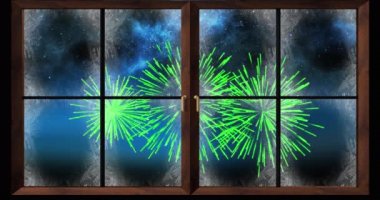 Yeşil Noel 'li pencere ve kar animasyonu ve gece gökyüzünde patlayan yeni yıl havai fişekleri. Noel, yeni yıl, kutlama, parti ve geleneksel konsept dijital olarak oluşturulmuş video.