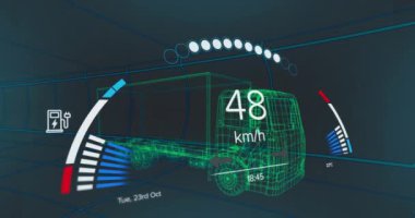 Araç arayüzündeki hız göstergesinin, GPS 'in ve şarj durum verisinin animasyonu, 3D' den fazla kamyon modeli. Ulaşım ve teknoloji, mühendislik tasarımı ve dijital arayüz konsepti dijital olarak oluşturulmuş video.