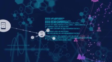 Arka plandaki veri işleme simgeleriyle bağlantı ağının canlandırılması. küresel bağlantılar ve ağ konsepti dijital olarak oluşturulmuş video.