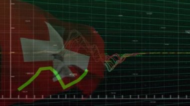 Siyah arkaplanda İsviçre bayrağı üzerinde grafik ve veri işleme animasyonu. İsviçre ekonomisi ve iş konsepti dijital olarak oluşturulmuş video.