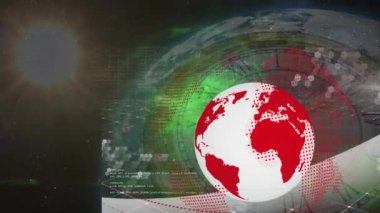 Dünya haritasındaki verileri işlemek için dünya ve saatin animasyonu. küresel iletişim teknolojisi ve veri paylaşım konsepti dijital olarak oluşturulmuş video.
