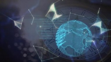 Saat ve küresel bağlantı ağı üzerinden dünya ve veri işleme animasyonları. küresel iletişim teknolojisi ve veri paylaşım konsepti dijital olarak oluşturulmuş video.