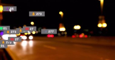 Odak trafik ışıklarından sosyal medya simgelerinin ve numaraların animasyonu. küresel sosyal medya, bağlantılar ve dijital arayüz konsepti dijital olarak oluşturulmuş video.