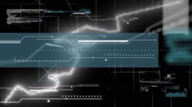 Siyah zemin üzerinde beyaz elektrik akımları bulunan tarayıcı arayüzü ve işlem verilerinin animasyonu. enerji, iletişim ve veri aktarım konsepti dijital olarak oluşturulmuş video.