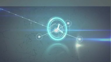 Saatin animasyonu bağlantılar ağının üzerinden hızla geçiyor. küresel bağlantılar, ağ oluşturma ve veri işleme kavramı dijital olarak oluşturulmuş video.