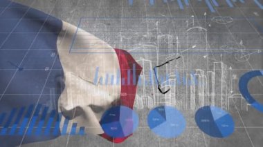 Bina planları ve el sıkışmasıyla, Fransa bayrağı üzerinde grafik ve veri işleme animasyonları. Fransız ekonomisi ve iş konsepti dijital olarak oluşturulmuş video.