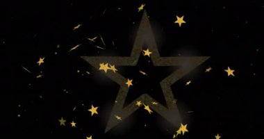 Siyah arka planda parlayan altın yıldızların animasyonu. Noel geleneği ve kutlama konsepti dijital olarak oluşturulmuş video.